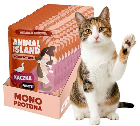 Animal Island Alimento Completo Monoproteína para Gato Adulto Bolsita Húmeda Pato Carne Hígado Molleja con Caldo Sin Cereales Sin Rellenos, 10 x 100g