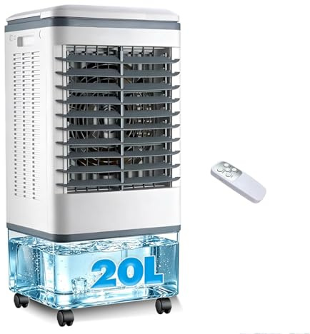 Rinfrescatore Evaporativo 20L con Ruote e Telecomando, Raffrescatore d'Aria Portatile 2000 mc/h per 20 mq, 3 Velocità (Max 6.3m/s), Timer 7.5H, Alternativa al Condizionatore per Casa e Ufficio