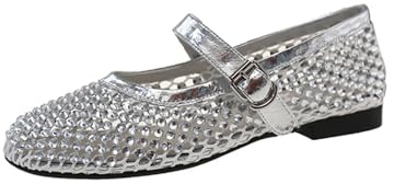 SNGUOQ Strass och kristaller fisknät ballerinor för kvinnor, sommarskor i mesh nitar, stor storlek 40 för fester och dans (silver, storlek 38)