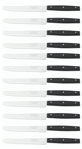 Arcos Serie Cuchillos de Mesa Caja 12 uds Cuchillo Mesa, Hoja Serrada de Acero Inoxidable NITRUM de 130 mm, Mango Nylon Color negro (12 UDS)