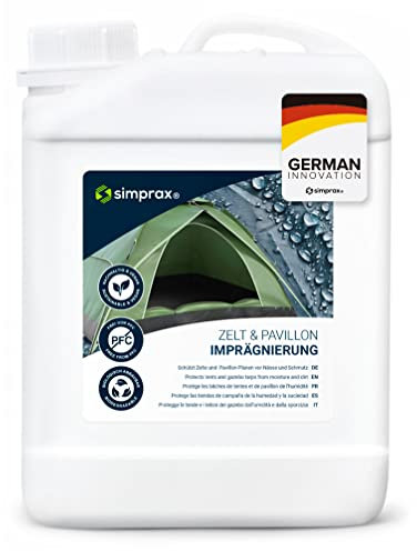 SIMPRAX® Imperméabilisant Tissu Tente Camping - Bombe Imperméabilisante Textile Bio & Résistante UV - Imperméabilisation Textile - Protection Tentes Auvents Meubles Extérieurs & Sacs - 2,5L