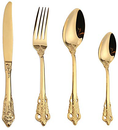 WULUN Edelstahl Besteck-Set Barock 4-teilig mit Messer Gabel Löffel Kaffeelöffel, Antik Königliche Stil, Spülmaschinenfest