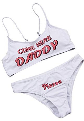 Oludkeph Femmes Anime Lingerie Sexy Ensembles Yes Daddy Imprimé Cosplay Mini soutien-gorge Crop Tops avec Bikini Slip Maillot de bain - Blanc - X-Large