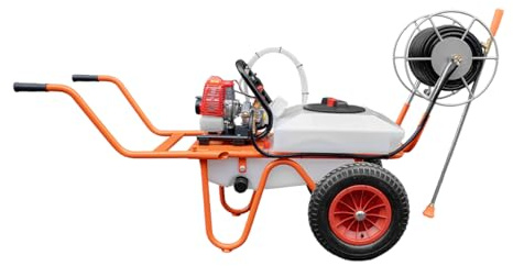 Bricoferr Carretilla Sulfatadora Motor a Gasolina 2 Tiempos y Capacidad 50 litros, con 2 Ruedas y Carrete