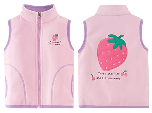 ANIMQUE Bebé Niños Chaleco de Forro Polar Niño Pequeño Niñas Chaqueta Sin Mangas Invierno Cálido Cremallera Cuello Alto Chalecos Abrigo Primavera Otoño, Patrón Fresa Rosa 100