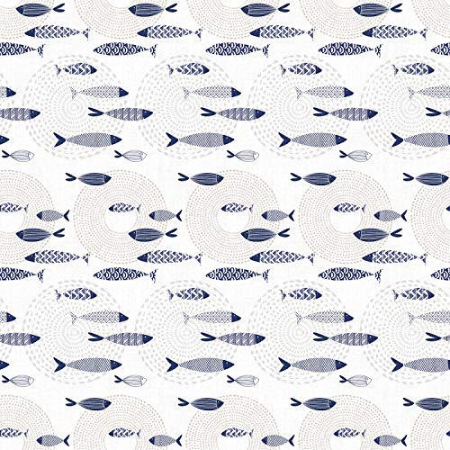 ecosoul Wachstuchtischdecke Wachstuch Gartentischdecke Fische in weiß mit dunkelblauem Muster in 140cm Breite Meterware Länge wählbar (180cm x 140cm)