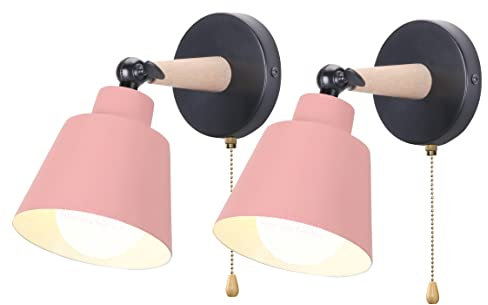 iDEGU 2 Piezas Apliques de Pared Interior con Interruptor, Moderna Lámpara de Pared Dormitorio Sencilla Iluminación E27 en Madera Metal Ajustable Luz de Pared para Salón Pasillo (Rosa Mate)