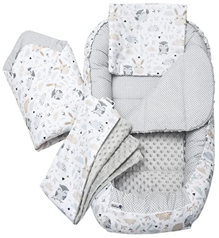 Medi Partners Babynestchen Babynest Set 100x60x15 Kuschelnest 5 teilig herausnehmbarer Einsatz Kokon Nestchen Babys Neugeborene 100% Baumwolle (Lichtung mit grauem Minky)