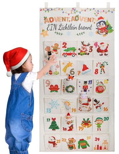 DPKOW Deutsch 24 Adventskalender zum Befüllen aus Stoff 2026, Adventskalender Wandteppich Hängend zum Wand Tür Deko Weihnachten Kalender Stoffbeutel für Kinder Selbstbefüllen, mit 24 Taschen