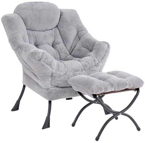 YOTATING Comfy Armchair with Footstool, Lazy Chair with Ottoman Leisure Accent Chair Relax Lounge Chair with Armrests & Side Pocket for Living Room, Bedroom & Small Spaces Armchair, Plush Grey
