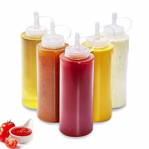 Kaseryao 5 Stück Quetschflasche 240ml/8oz, Transparent Squeeze Flasche, Saucenflasche mit Kappe, Dosierflasche für Ketchup, Senf, Mayonnaise, Olivenöl, Salatdressings