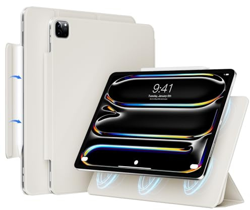 JKSML Magnetic Case for iPad Pro 13 Inch (M5/M4) 2025/2024- PU Leather Cover Compatible with Pencil Pro & USB-C | Auto Wake/Sleep, Non-Slip & Scratch-Resistant Protective Case (White Cream)