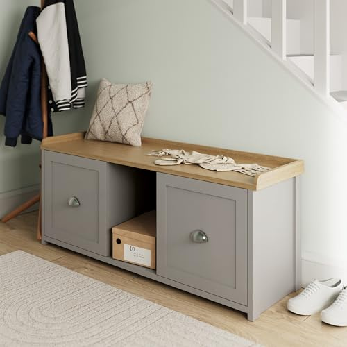 GFW Lancaster 2 Door Shoe Bench, Grey and Oak Effect Hallway Storage Bench with Adjustable Shelves, Shoe Storage Cabinet and Seating Area