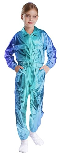 Yruioon Tuta sportiva per bambini e ragazze, con pantaloni cargo lucidi, set sportivo, abbigliamento da danza jazz, abbigliamento da ballo streetwear, Blu, 146 cm-152 cm