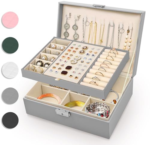 Eucomir Joyeros Mujer, Joyero de Viaje 2 Capas Joyeros Mujer Organizador Caja de Joyas de Cuero PU para Anillos, Pulseras, Pendientes, Collares,Gris