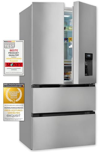 Exquisit Frenchdoor, Kühl-Gefrierkombination, No-Frost, 506 Liter, Wasserspender, Alarm, Schnellkühlen, Schnellgefrieren, FD5490-160-WS-200E inoxlook