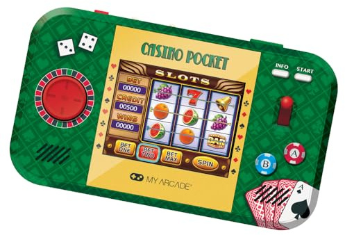 MY ARCADE Poche casino : jeu d'arcade rétro casino, batterie rechargeable, comprend étui de voyage et protecteur d'écran, roulette, poker, blackjack et plus encore