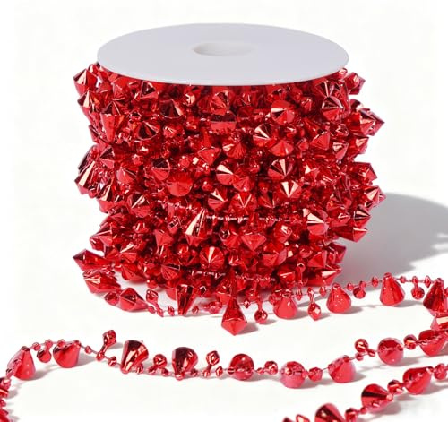 Anstore Christbaumkette Rot, Perlengirlande Perlenhochzeit Weihnachtsbaumschmuck Perlenkette Weihnachtsdekoration, 10m Kugelkette Weihnachtsgirlande Perlenschnur Christbaumschmuck PerlenbandZubehör