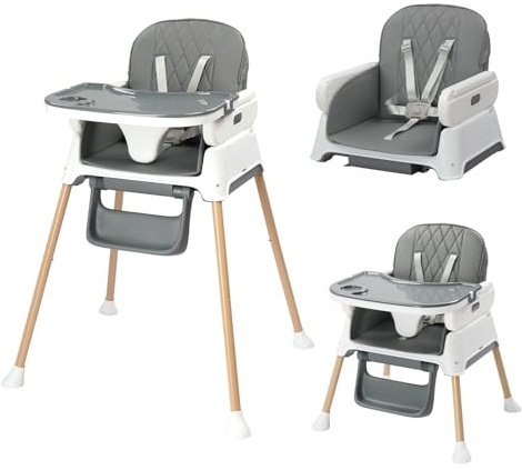 Bonnlo 4-in-1 Foldable Baby High Chair, Adjustable Height with Detachable Tray, 5-Point Safety Harness, Highchair for Toddlers 6 to 36 Months, Grey