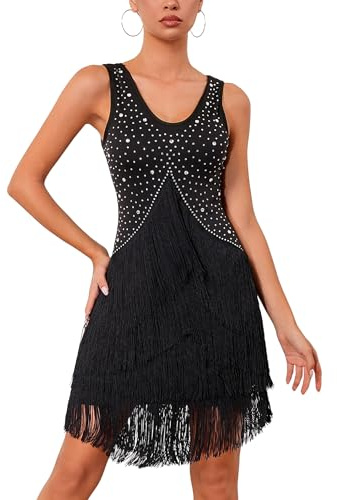 OMEWEE Fransen Kleider Damen Ärmellos Glitzer Strass Quaste Latein Tanzkleid Fransenkleid Vintage 1920er Gatsby Flapper Kleid Sexy Cocktail Party Ballroom ChaCha Salsa Samba Kleid