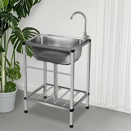 Lavello in Acciaio Inossidabile, Lavandino da Esterno con Rubinetto Lavandino Commerciale Lavelli Autoportante Lavello di Utilità Lavabo Cucina Lavamani Industriale Per Garage 52 * 38cm