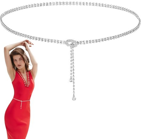 Teouuas Glitzer Gürtel, Damen Gürtel Silber, Glitzergürtel für Abendkleid, Kristall-Taillenkette, Gürtels Silber Glitzer, für Abendkleid, Strass Taillengürtel, Jean, Kleider (110 cm)