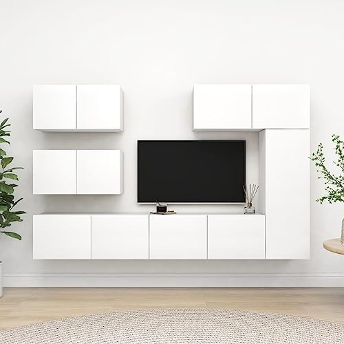 faucqel 6-Piece White Wooden TV Cabinet Set with Large Storage Space, Wall Mounted, Modern Design, Ideal for Living Room, TV Lowboard, Media Cabinet, TV Shelf