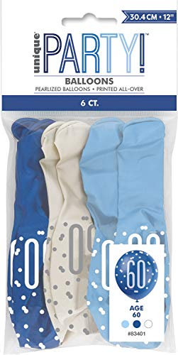 Vibrant 60th Glitz Latex Balloons in Light Blue, Royal Blue, & White (30cm) - Perfect for Parties, Celebrations & Events - 6ct