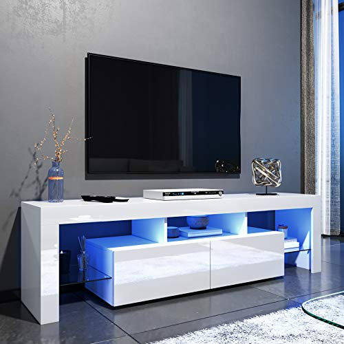 ELEGANT 1600mm LED TV Cabinet Modern White Gloss TV Stand with Ambient Lights for 32 40 43 50 52 55 60 65 inch 4k TV, for Living Room and Bedroom with Storage Furniture