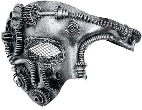 Ubauta Masque vénitien de maille de Cyborg en métal de Steampunk, masque de mascarade d'argent pour la fête de costume d'halloween/fantôme de l'opéra/bal de mardi gras