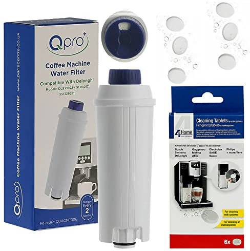 Qpro Replacement Water Filter Cartridge and 6 Cleaning Descaling Tablets Compatible with DeLonghi DLSC002, SER3017, 5513292811 for Coffee Machine Maker