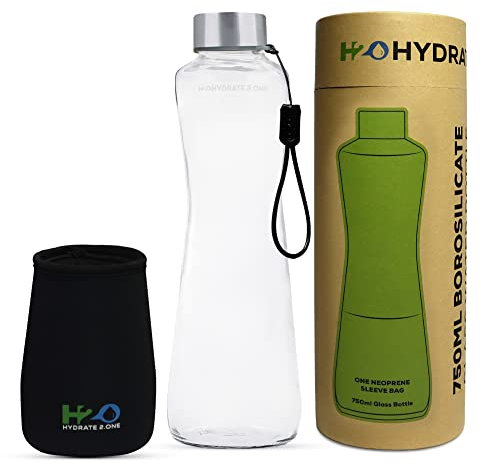 HYDRATE 2.ONE Glass Water Bottle with Neoprene Sleeve | 750ml Eco-friendly Borosilicate Drinks bottle with BPA Free Stainless Steel Lid (BLACK)