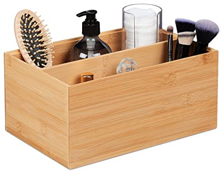 Relaxdays Caja Almacenaje Bambú 2 Espacios, Apilable, Robusta, Pongotodo, 14 x 30 x 20 cm Aprox, Cesto Madera, Natural