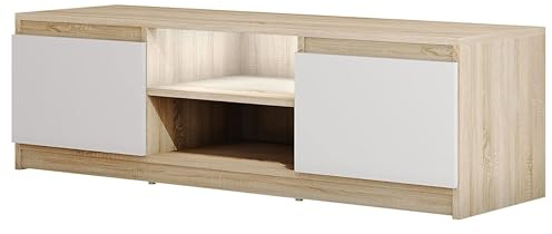MINIO go for it - TV-Schrank Dingo 120cm Lowboard für Fernseher | TV-Kommode TV lowboard stehend mit 2 Klapptüren & 2 offenen Fächern TV Möbel Sonoma-Eiche und Weiß - Lowboard mit LED