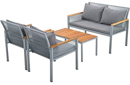 ZYLOYAL10 Gartenlounge-Set, Gartenmöbel Set mit bequemem Kissen, Doppelsofa,2 Sessel und Tisch, Outdoor, Rattan, Tisch und Stühle, grau