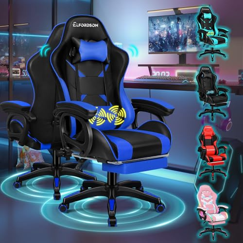 ELFORDSON Gaming Chair with 2-Point Massage Cushion, Computer Chairs for Home Office, Head Pillow High Back 150° Recliner, for Kids Adults, Blue and Black