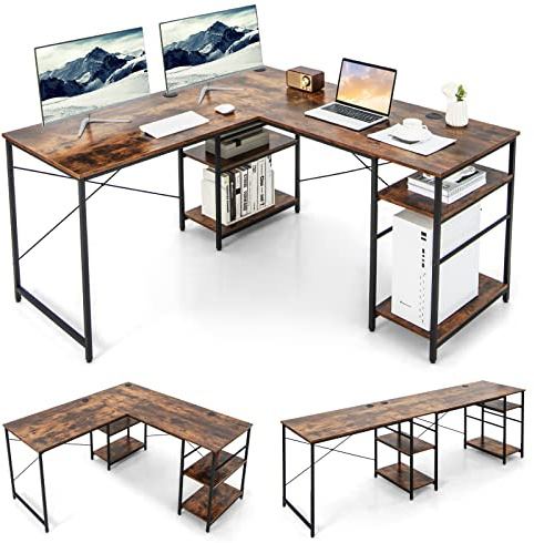 COSTWAY L-Shaped Computer Desk, 242cm Reversible Double Study Writing Workstation for 2 Person, Large Long Corner Home Office Desk Wooden PC Laptop Gaming Table with Storage Shelves (Rustic Brown)