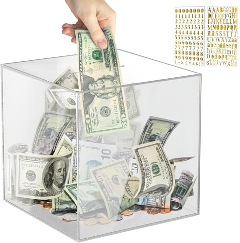 Piggy Bank for Adults Must Break to Open, Vcertcpl Acrylic Clear Piggy Bank Money Saving Box for Cash Saving, Unopenable Adults Large Bank for Real Money Bank Coin Bank Change Jar (Clear, 12x12CM)