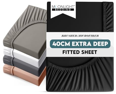 Moonlight Bedding Fitted Sheet 40 Cm Extra Deep Pocket Bed Sheets 16 inch Ultra Soft Bottom Sheet Brushed Microfiber Breathable Shrinkage and Fade Resistant (Black, Double)