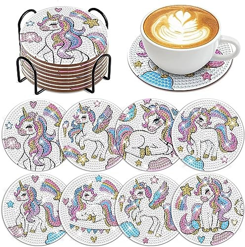 WOWDECOR Diamond Painting Untersetzer mit Halter 8 Stück, DIY Einhorn Tischuntersetzer Glasuntersetzer 5D Diamant Painting Coaster für Gläser Tassen Auto Mosaik (Einhorn)