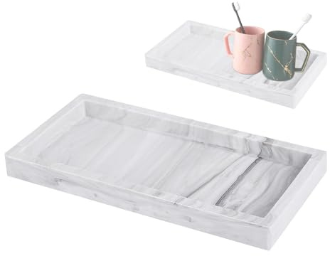 CHEVVY Marmor Tablett Rechteckig 30 x 13CM Silicone Badezimmertablett | Schmuck Organizer Deko für Waschtisch Badezimmer Schränke Weiß