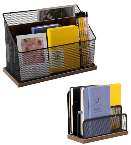 ASIFMTHOT Vertikale Aktenaufbewahrung mit 3 Ebenen, Retro-Schreibtisch-Organizer aus Holz, Metall-Schreibtisch-Organizer, Netz Schreibtisch und Zubehör für Home Office