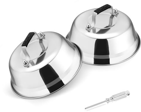 TEAMFAR Burgerglocke, 2 Stück Hitzebeständig Edelstahl Burger Glocke 16,7cm | Burgerhauben mit Silikongriff, Schmelzglocke Abdeckhaube für Teppanyaki und Grill & Küche Kochen, Innen & Außen, 16,7x5,8cm