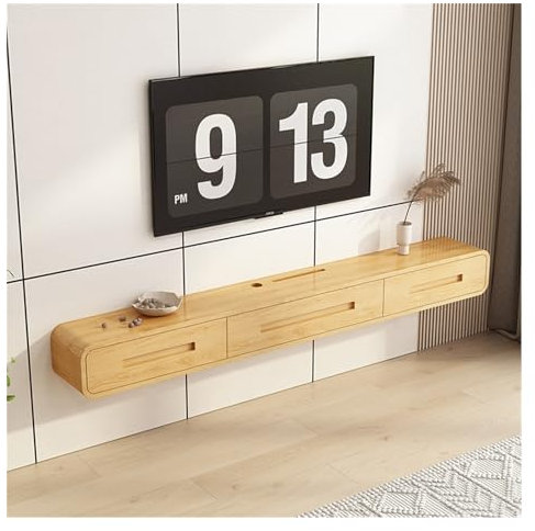 TV-Schrank An der Wand montiertes TV-Regal, schwebende Regale for Medienkonsolenschrank-Komponenten, Fernsehständer, zwei Schubladen und ein Ablageregal mit Klapptür und Kabellöchern, 55 Zoll Länge Fe