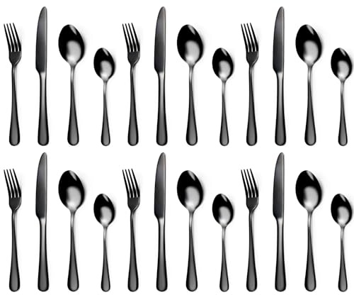 Knife and Fork Sets,Black Silverware Set for 6 People,24 Piece Stainless Steel Flatware Set,Cutlery Set with Spoon Knife and Fork,Mixed Cutlery Sets,Dishwasher Safe,Easy Clean,Mirror Polished