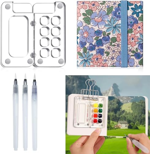Skizzenbuch aus Holz, Mini-Palette, magnetisch, Reise Aquarellmalerei, Acrylmalerei, Farbschutz mit Deckel und Mischtablett (small Set-Clear)