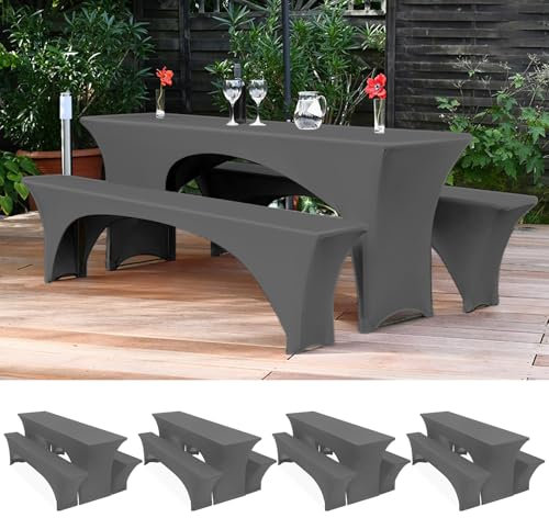 Lumaycens Vier 3er-Set Biertischhussen 220 x 50 x 70 cm, hussen bierzeltgarnitur, dunkelgrau, Stretch-Bezüge für Biertisch-und Bankgarnituren, Bierbankhussen, Spandex-Bierzeltgarnitur für Bankett