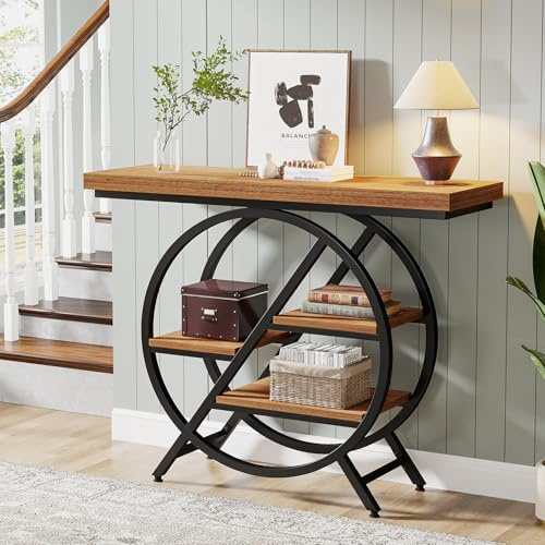 Tribesigns Table console de 100 cm avec plateau épais, table de canapé de couloir industrielle étroite à 4 niveaux avec cadre géométrique en métal pour salon, entrée, marron clair