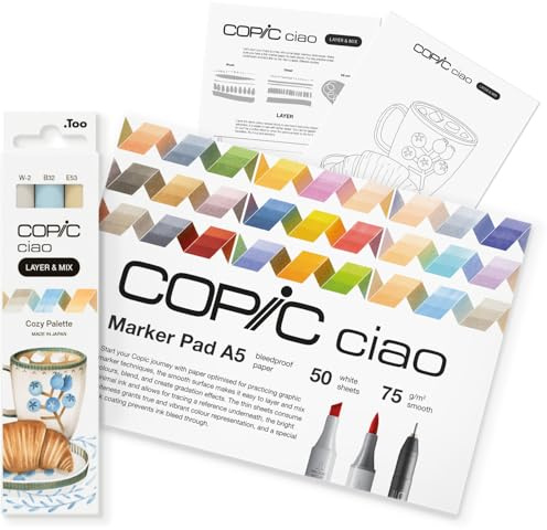 Copic Ciao LAYER & MIX Starter Set Cozy, Marker Set mit 3 verschiedenen Farben, Markerpapier und Zeichenvorlage zum abpausen, inkl. Kennenlern-Übungsblatt
