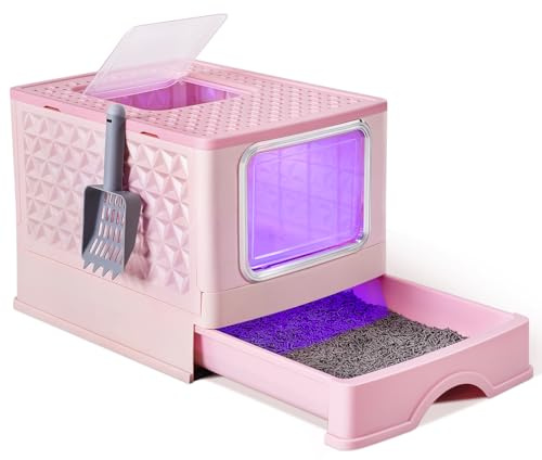 UV Cat Litter Box - Extra Large Cat Litter Tray with Lid, Drawer, Scoop - Odor Control & Leak-Proof - Pink, 52Lx39Wx39Hcm